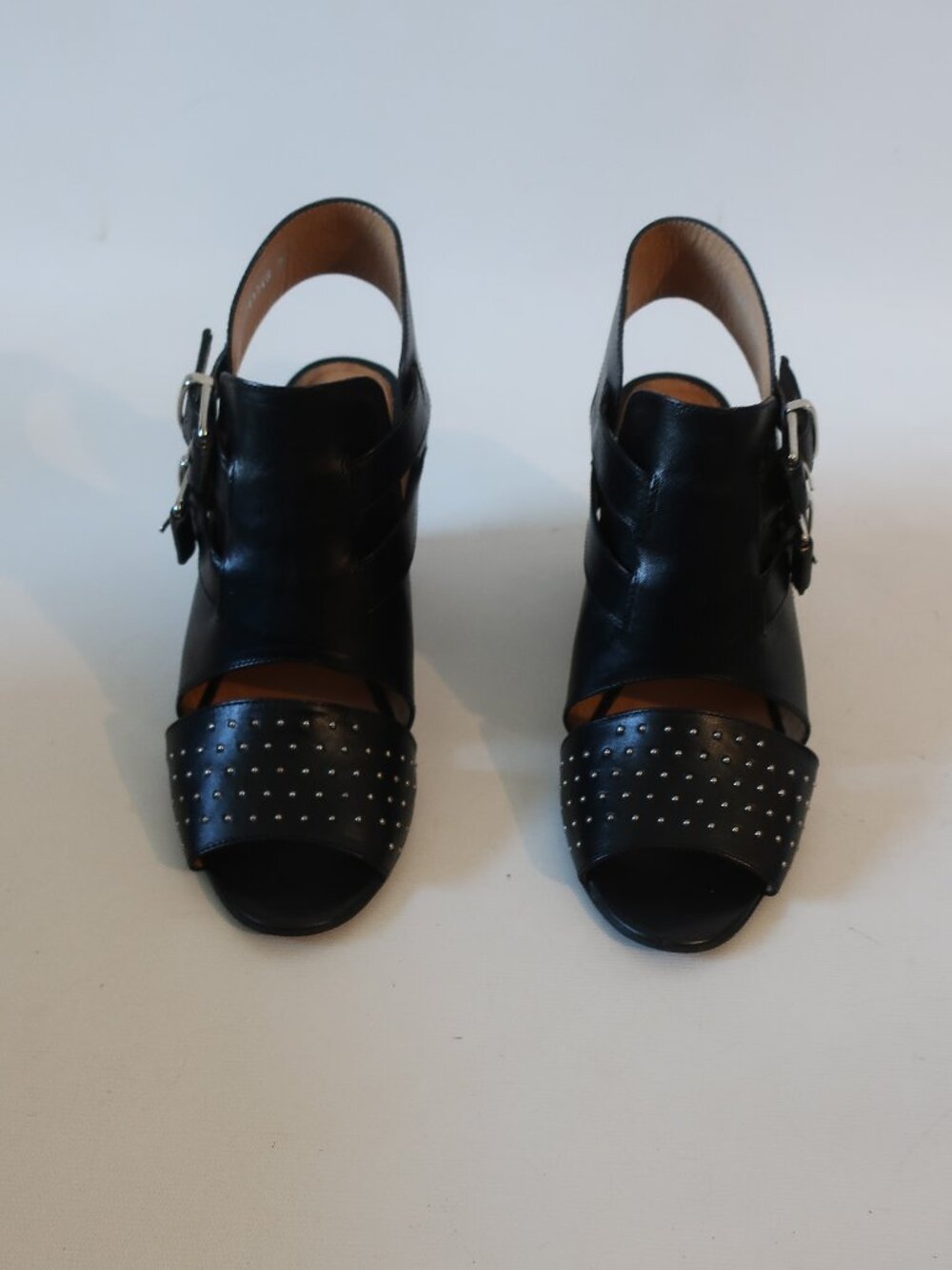 Womens Thakoon Addition Martha Black Leather Studded Wedge Sandals 38/8